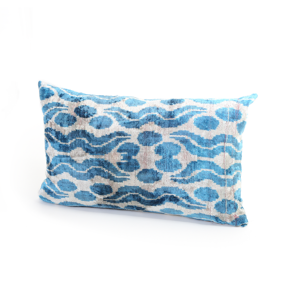 uzbeck pure silk ikat blue cushion 52 x 37cm