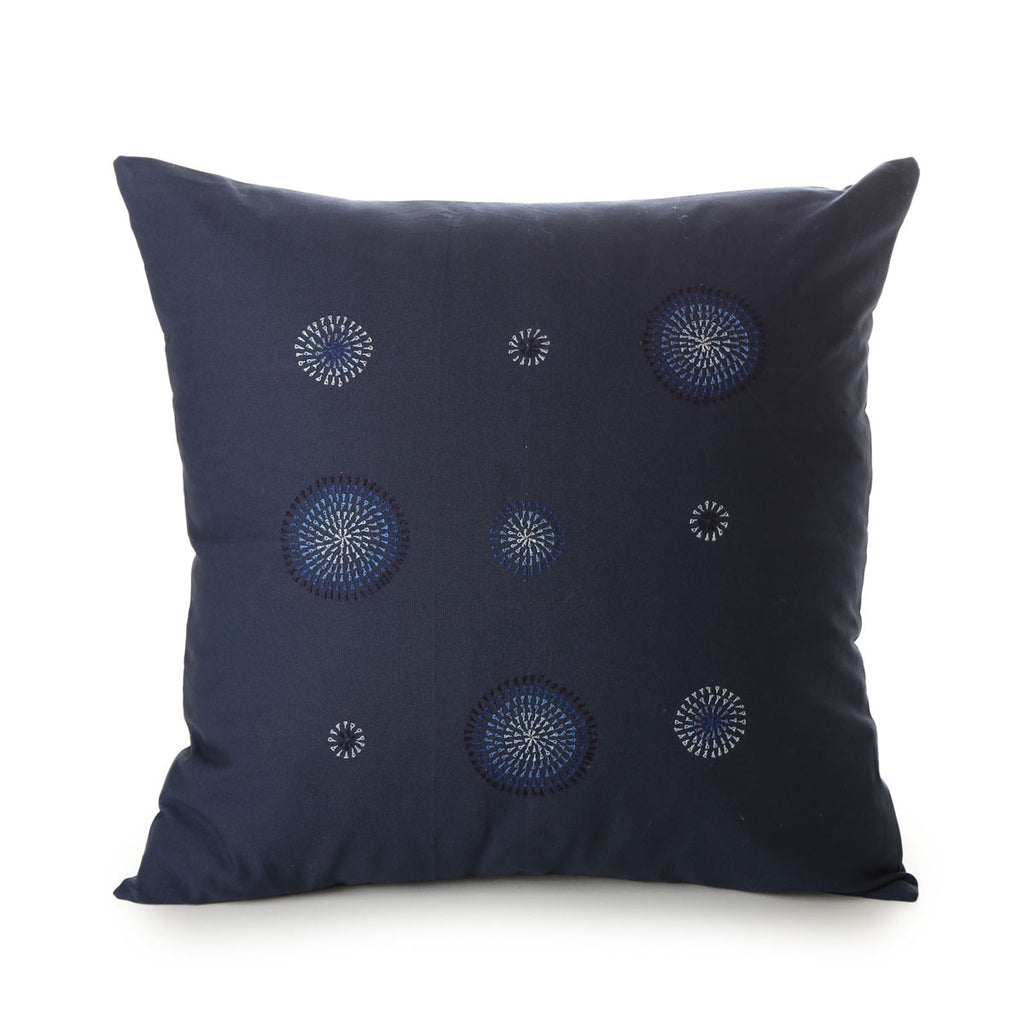 hand embroidered cotton cushion cover - tamil nadu - handwash in lukewarm water - blue starburst pattern