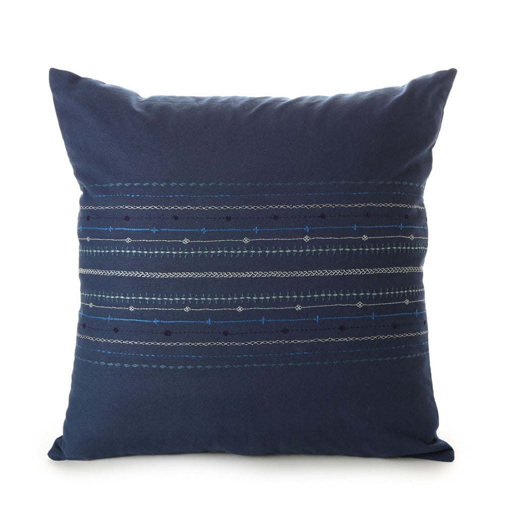 hand embroidered cotton cushion cover - tamil nadu - handwash in lukewarm water - blue line design