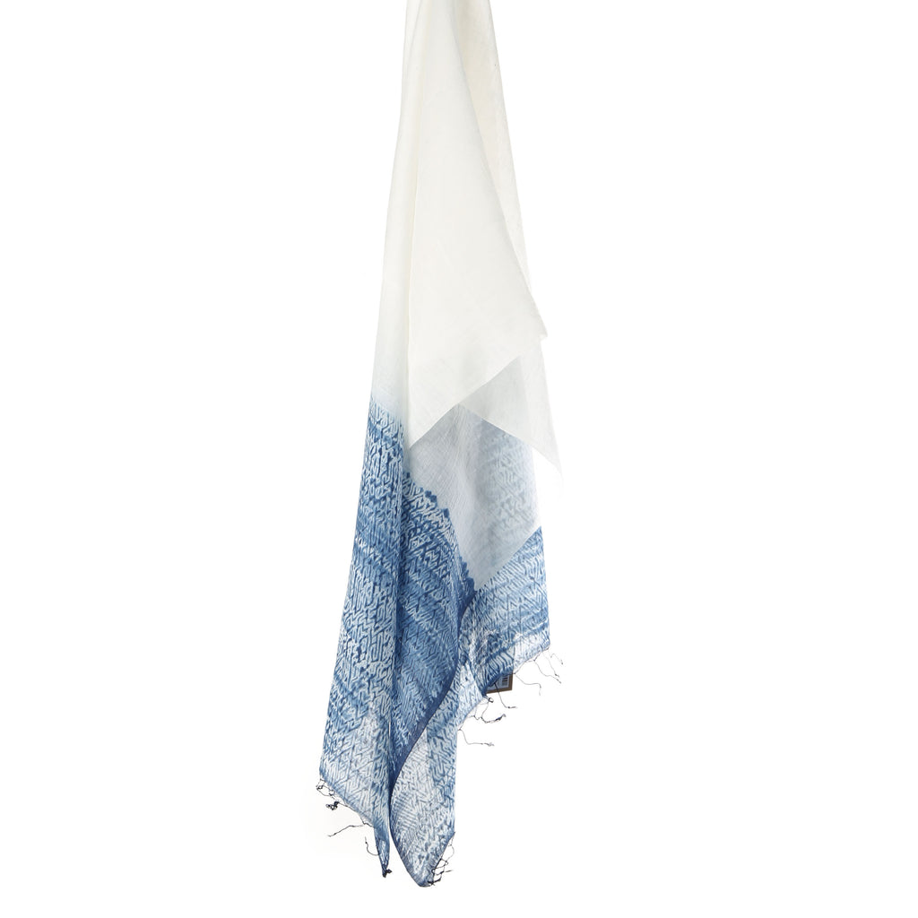 mokume shibori silk scarf with natural indigo woven in assam - indigo/white