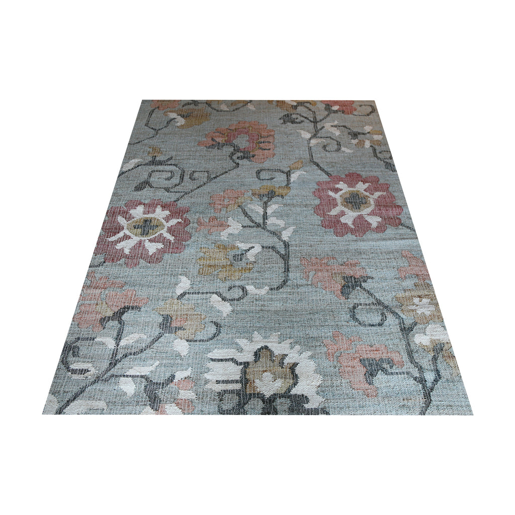 light blue floral handwoven carpet 80% jute 20% cotton