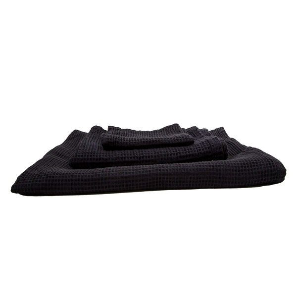 black waffle-weave, organic cotton towel - wash under 40°C with similar colours