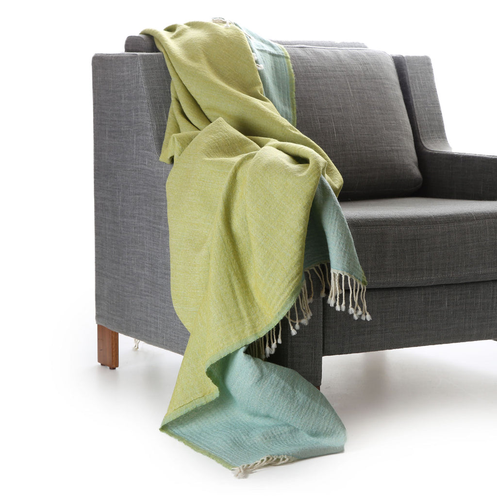 double weave boiled wool throw - lime green/duck egg blue